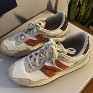 New Balance White, Tan, and Blue Sneakers